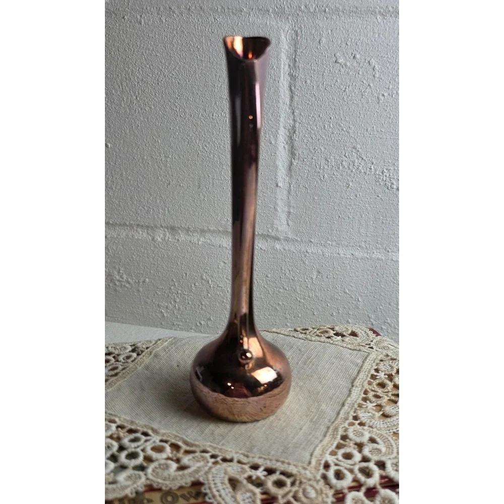 Vintage Copper Color Bud Vase Mid Century Modern Sleek Handle Heavy